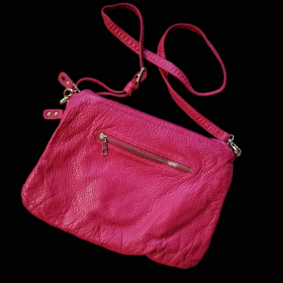 Hot Pink Leather bag.Fold over top zip. 10x13" size. - Picture 2 of 8